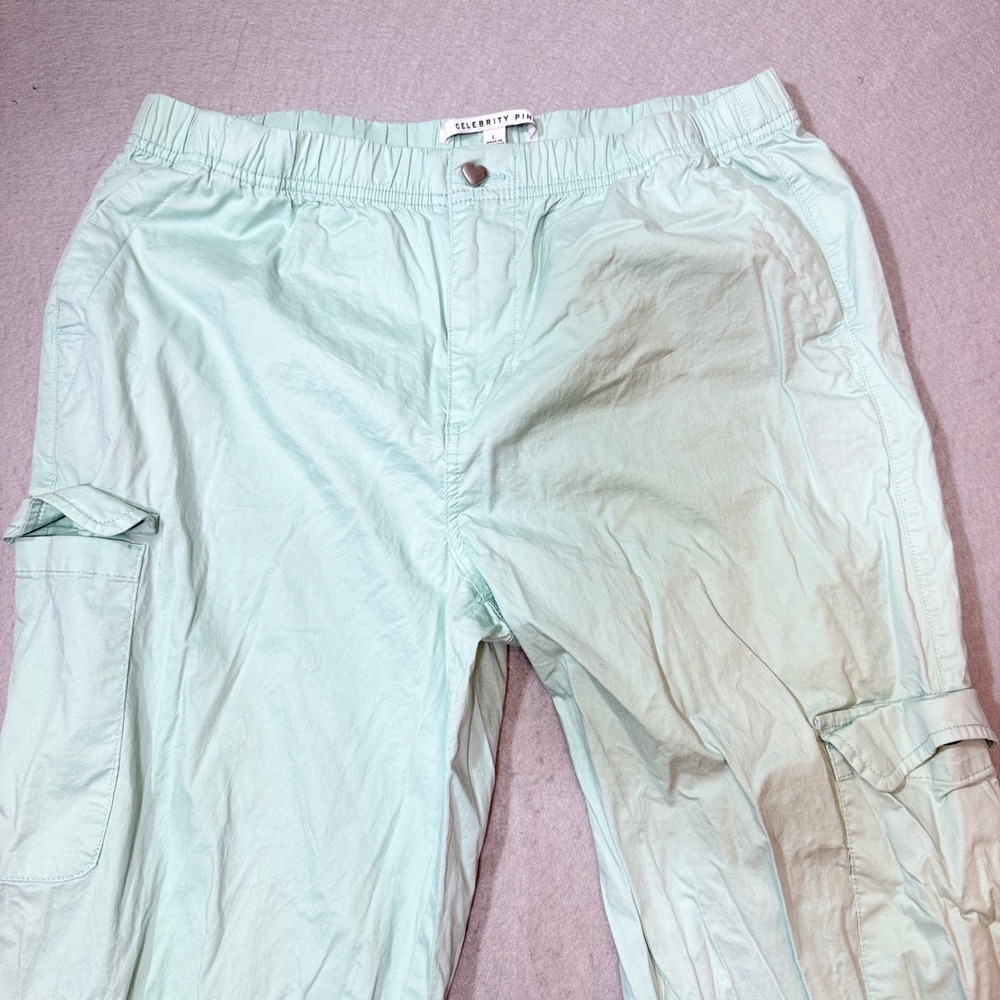 Celebrity Pink‎ Cargo Pants Women L Mint Green Elastic Waist Heart Button